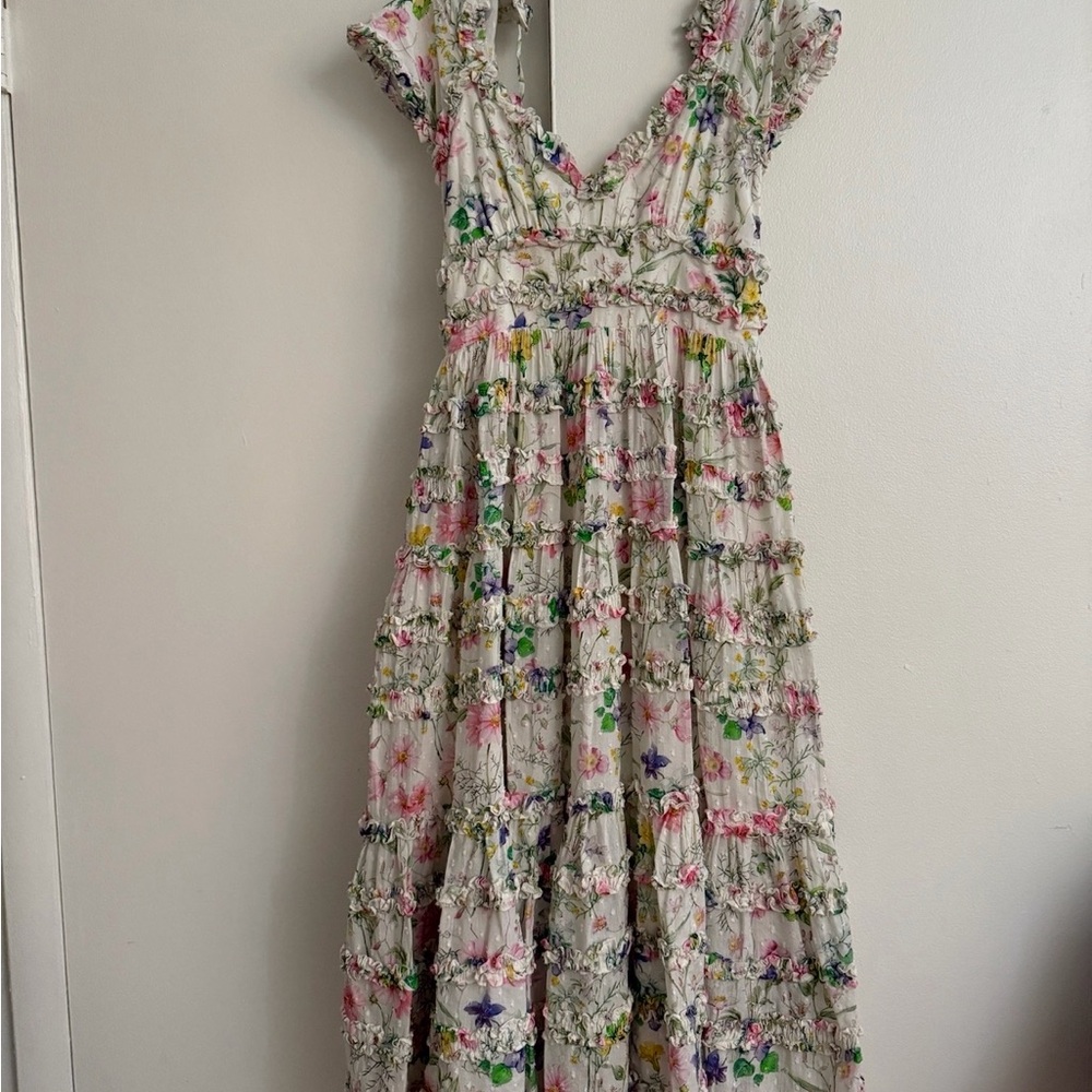 Mac Duggal White Floral Ruffle Open Back Midi Dress - Multicolor